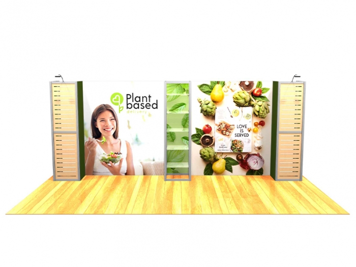 XR.1020.K4 20ft Backlit Modular Display with Two Slatwall Panels, Five Product Shelves, Front View
