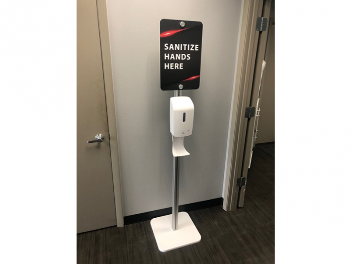 XVline XV.HS.3G Touch-Free Hand Sanitizer Stand with Drip Tray and Header Graphic Live